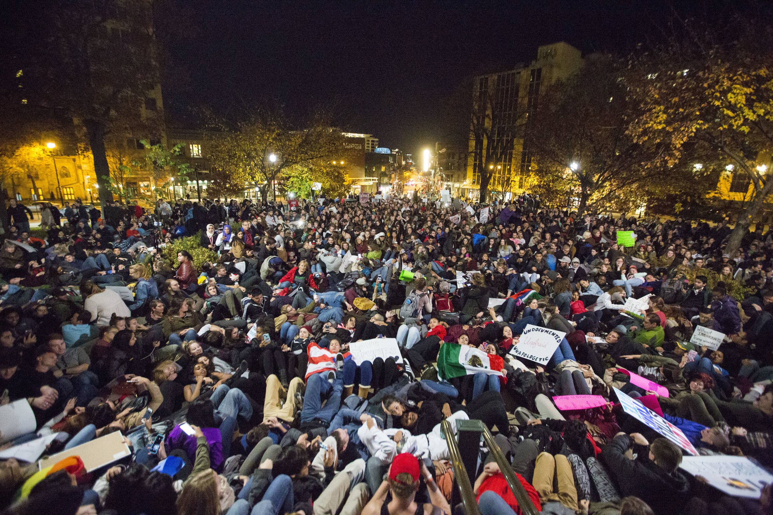  Protesters lay down outside the Capitol building for a moment of silence during an anti-Trump rally on Nov 10, 2016 in Madison, WI. 