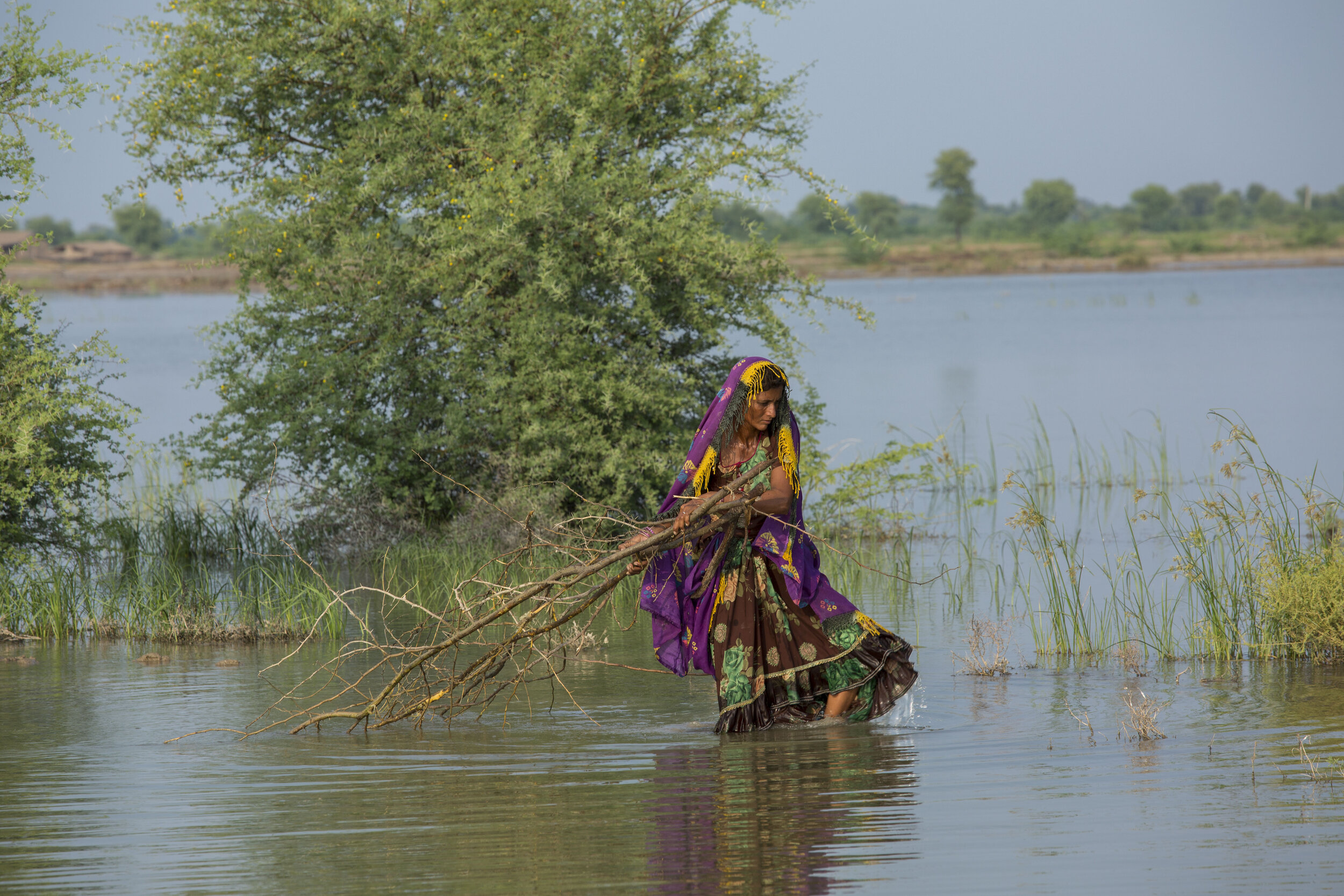 Surta crosses the flood water carrying wood for cooking as she now lives along the highway out in the open.  