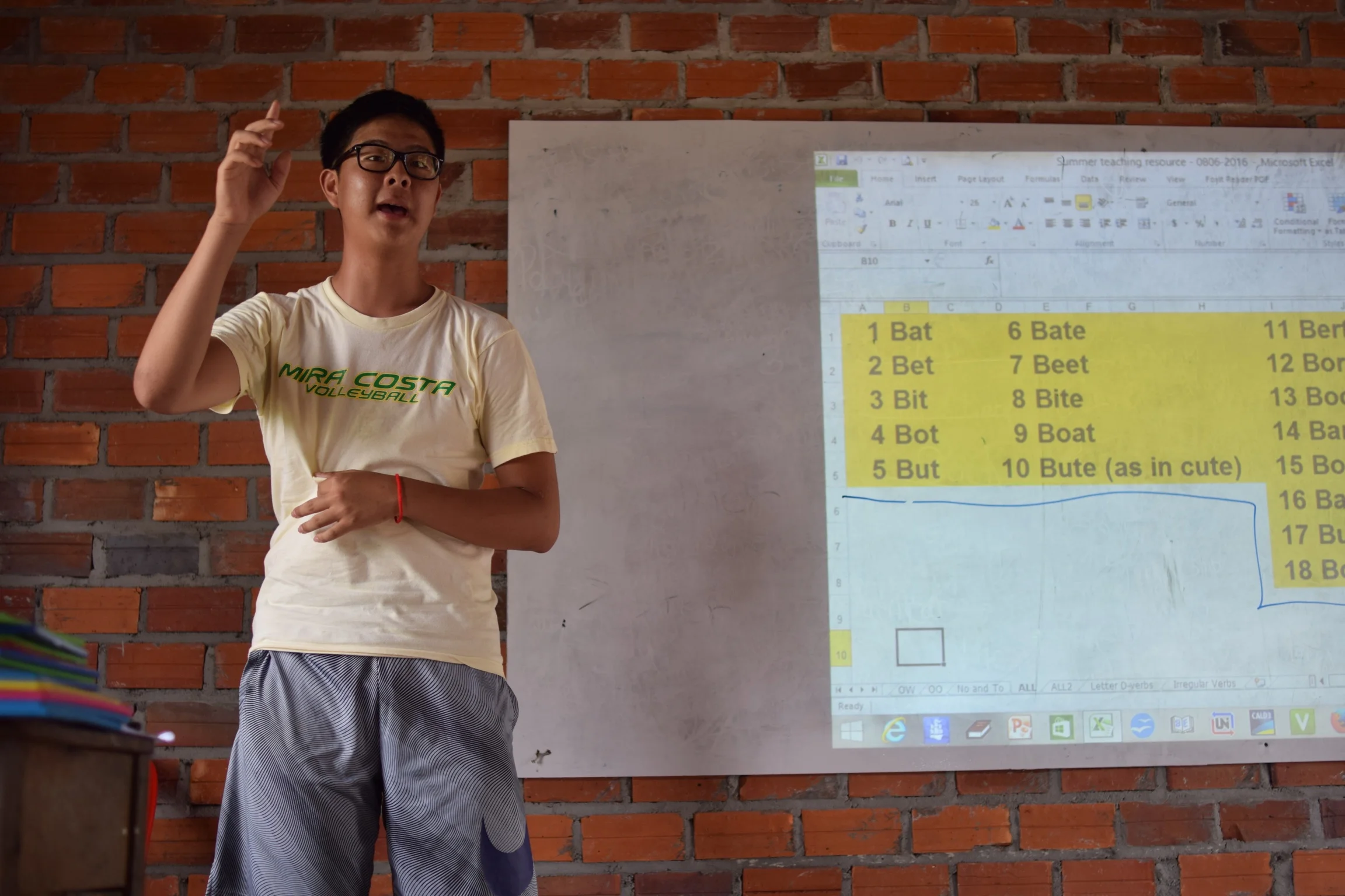 Adam Kim teaching before a classroom of students in Samrang during a 2016 TASSEL summer trip.