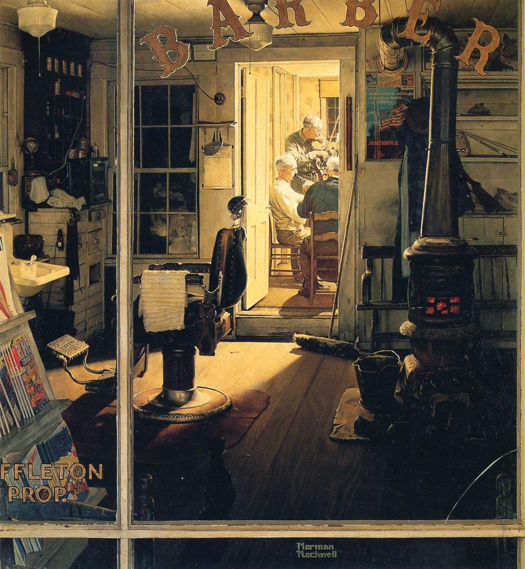 Norman Rockwell , Shuffleton’s Barbershop, 1950 , Oil on canvas , Sotheby’s