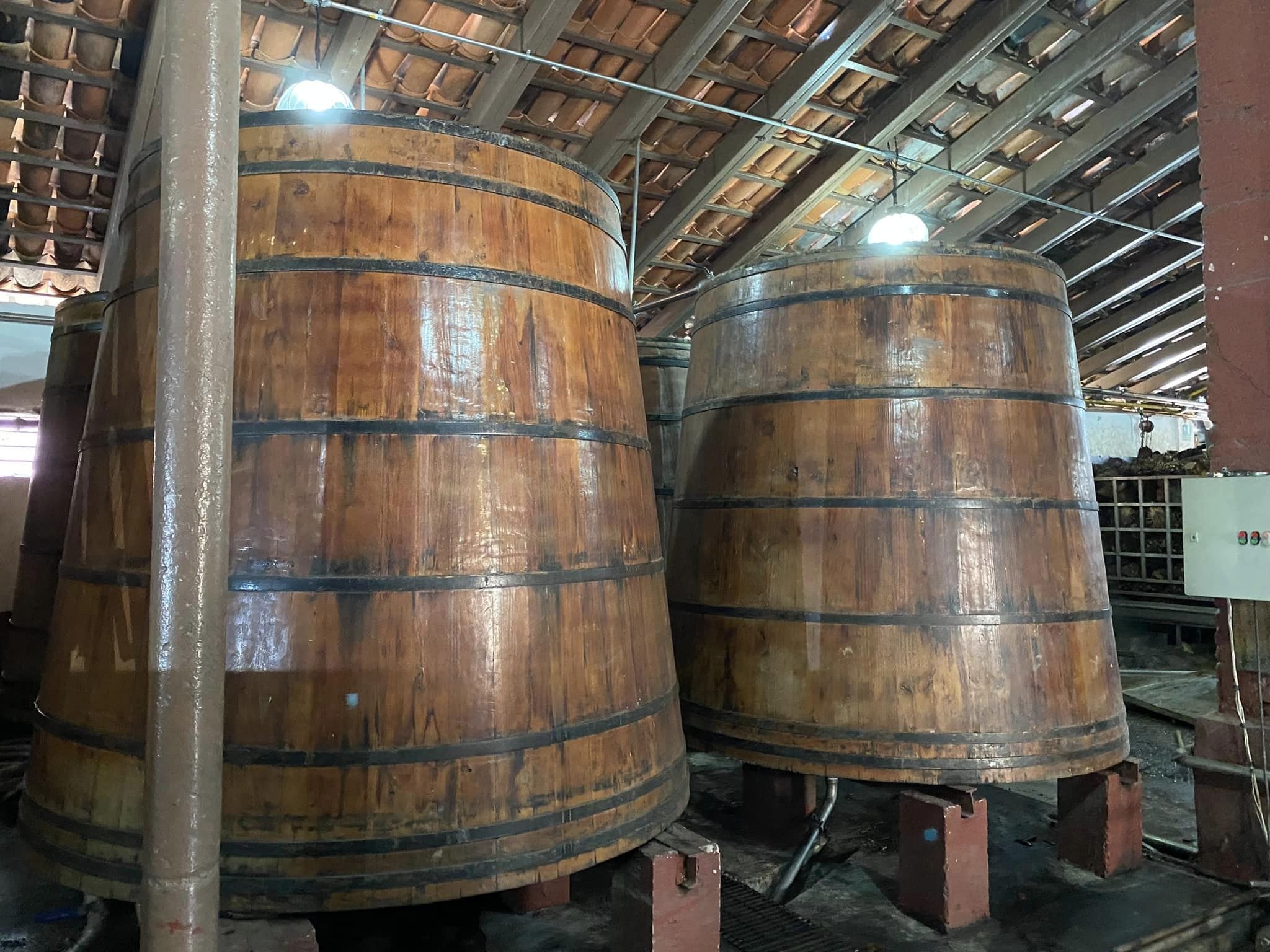 Fermentation tanks -  note wooden barrels as used in centuries past