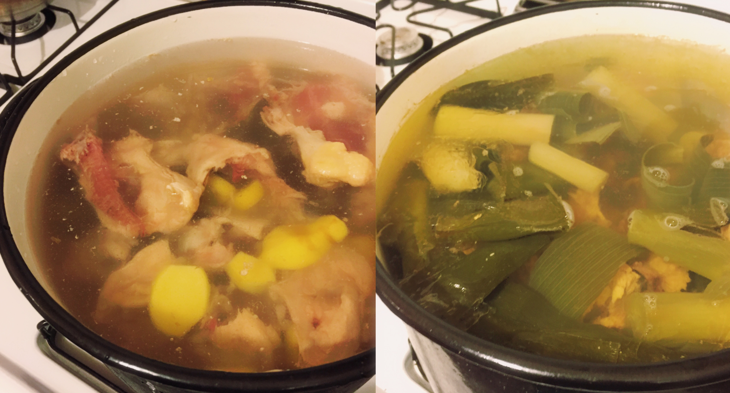 Organic, grass-fed chicken bones, gingers, and leeks are in the pot ↑
