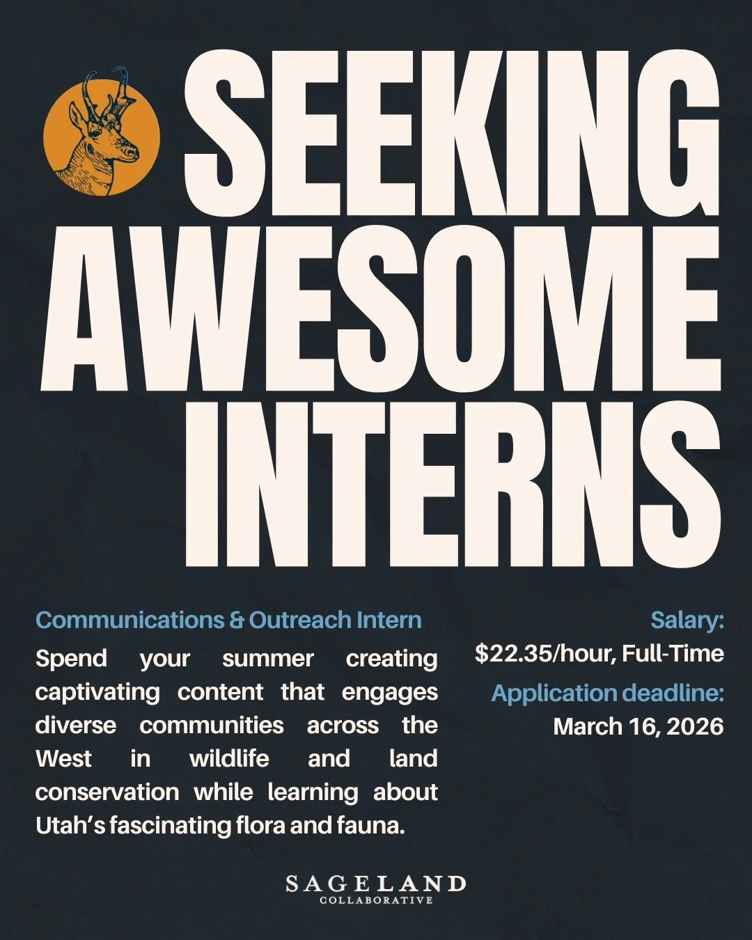 Join us this summer as a Communications &amp; Outreach intern!

If you&rsquo;d like to spend the summer creating captivating content that engages diverse communities across the West in wildlife and land conservation while learning about Utah&rsquo;s 