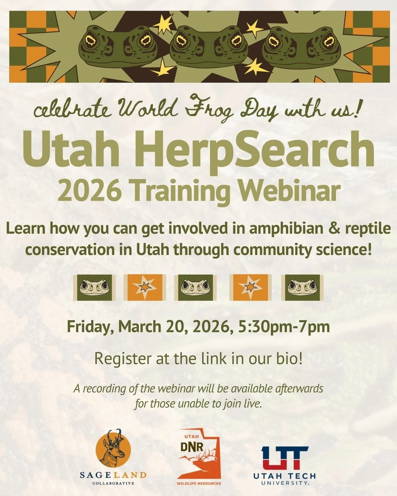 🦎🐸 It&rsquo;s HERPening! 🐸🐍

Join us in kicking off the start of field season on World Frog Day for our 2026 Utah HerpSearch virtual training!

Herpetofauna experts and enthusiasts at Sageland Collaborative, the Utah Division of Wildlife Resource