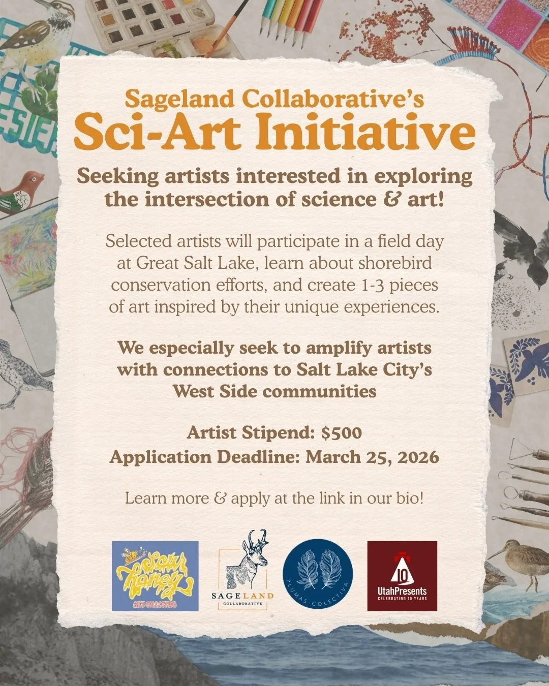 🎨 Calling all artists!&nbsp;🎨

Sageland Collaborative is launching a Sci-Art Initiative to provide opportunities for those interested in exploring the intersection of science, art, shorebirds, and conservation. 

In particular, we seek to amplify a