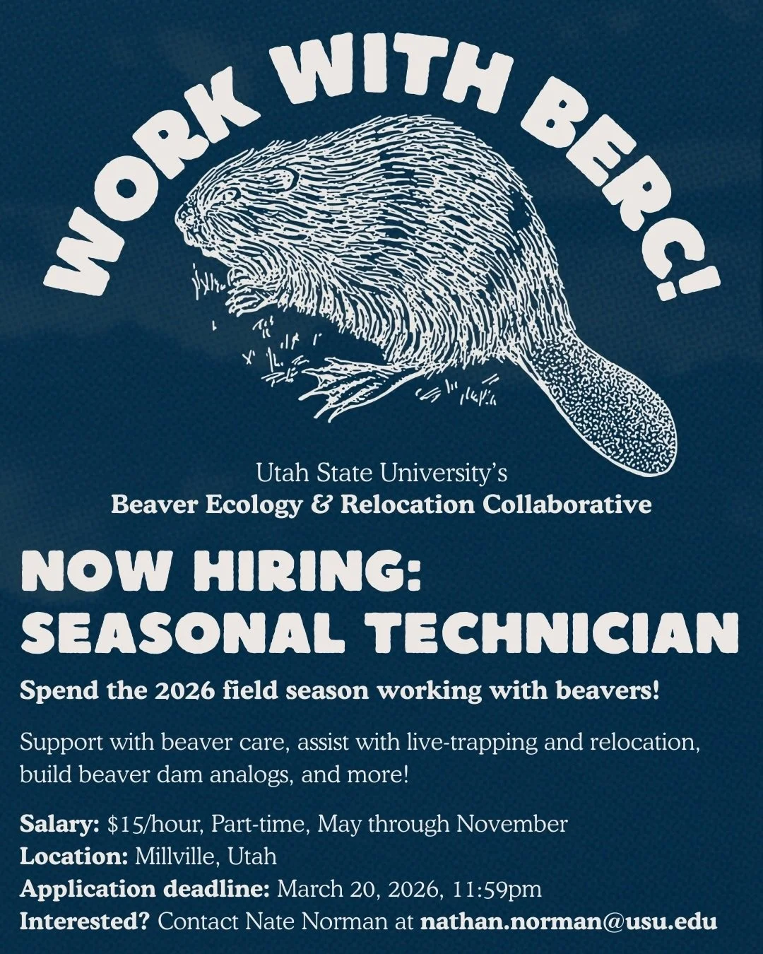 Do you want to spend the 2026 field season working with beavers? 🦫 

Utah State University&rsquo;s Beaver Ecology &amp; Relocation Collaborative (@beaverbunkhouse) is HIRING!

Join the team as a seasonal technician, where you&rsquo;ll gain hands-on 
