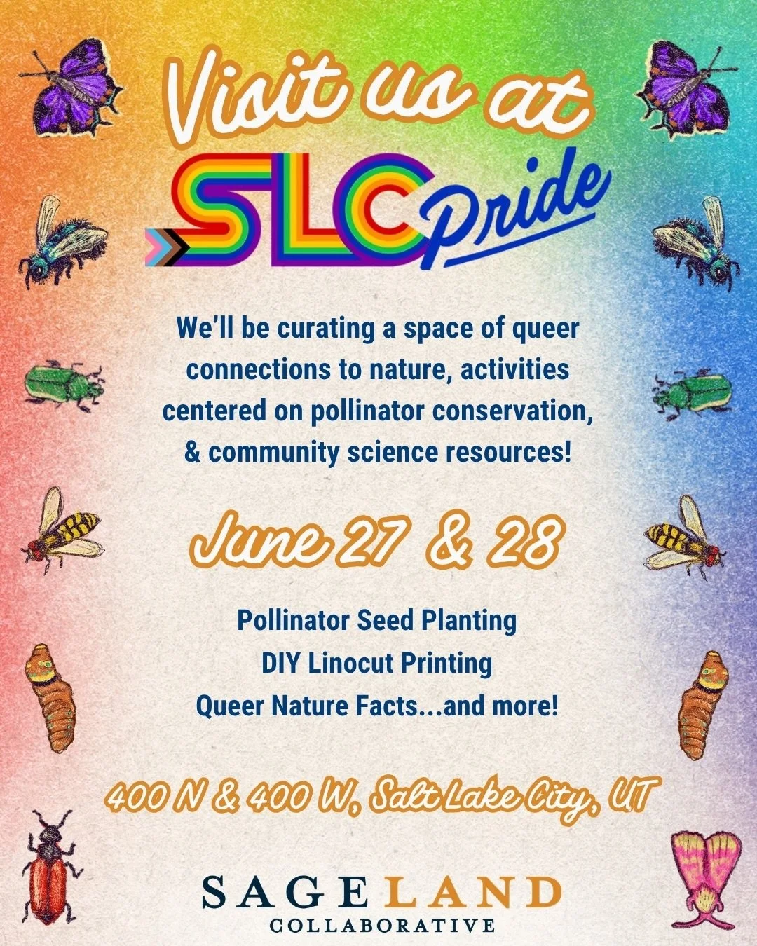 We&rsquo;re buzzing with PRIDE 🦋🐝🌈

This year, we&rsquo;re partnering with @slcpride2024 to host a space celebrating queer connections to nature at the SLC Pride festival grounds.&nbsp;

Join us for hands-on activities centered on pollinator conse