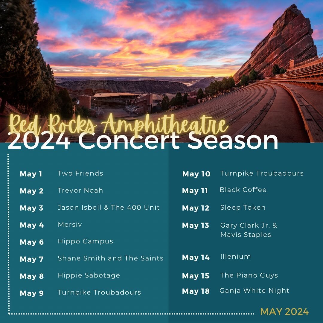 Another great month of music @redrocksco! Who&rsquo;re you most excited to see?

#redrocks #redrocksamphitheater #livemusic #concerts #coloradoconcerts #music #summervibes