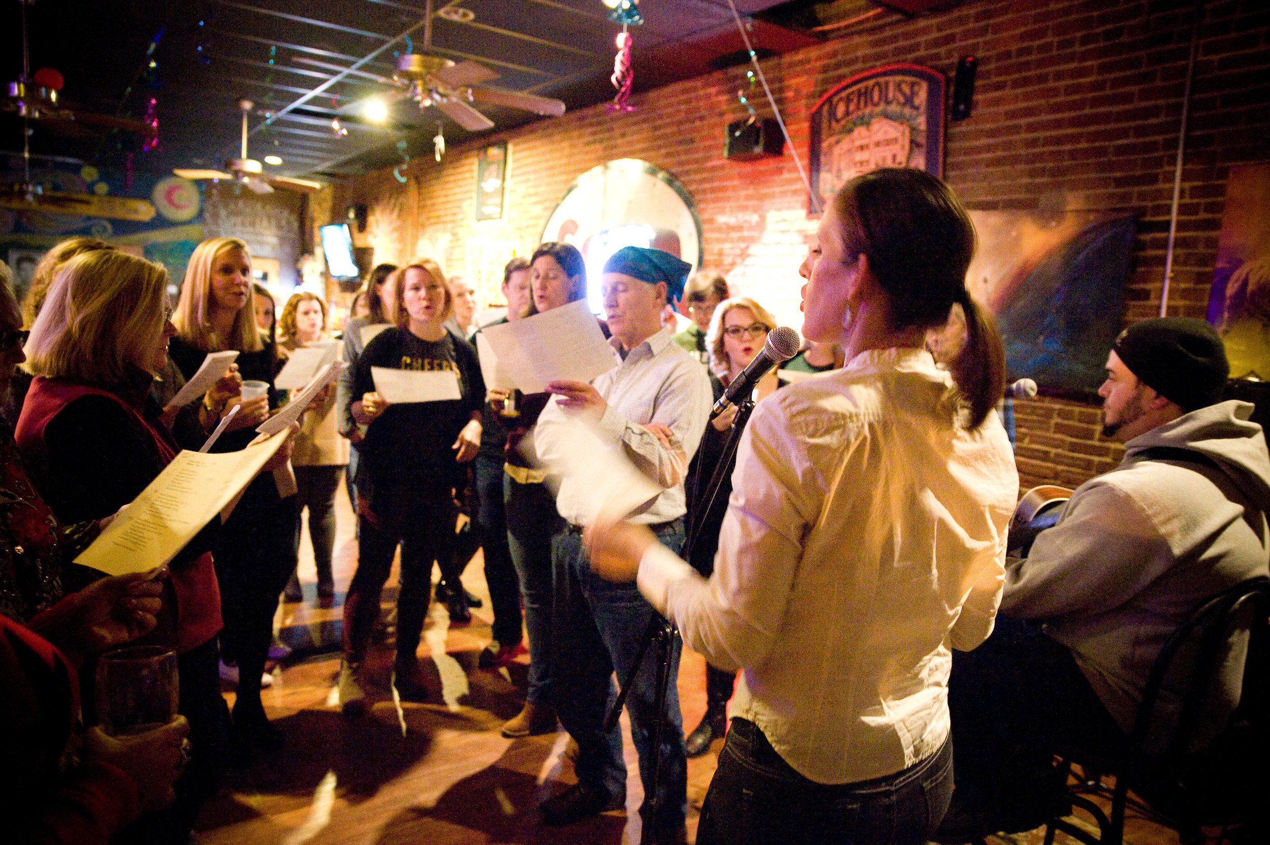 Choir Now! WV meets in the upstairs portion of Sam's Uptown Cafe , once a month. All attendees learn part of the song of the night, and sing as a group by the end of the night. Photo by Michelle Waters. 
