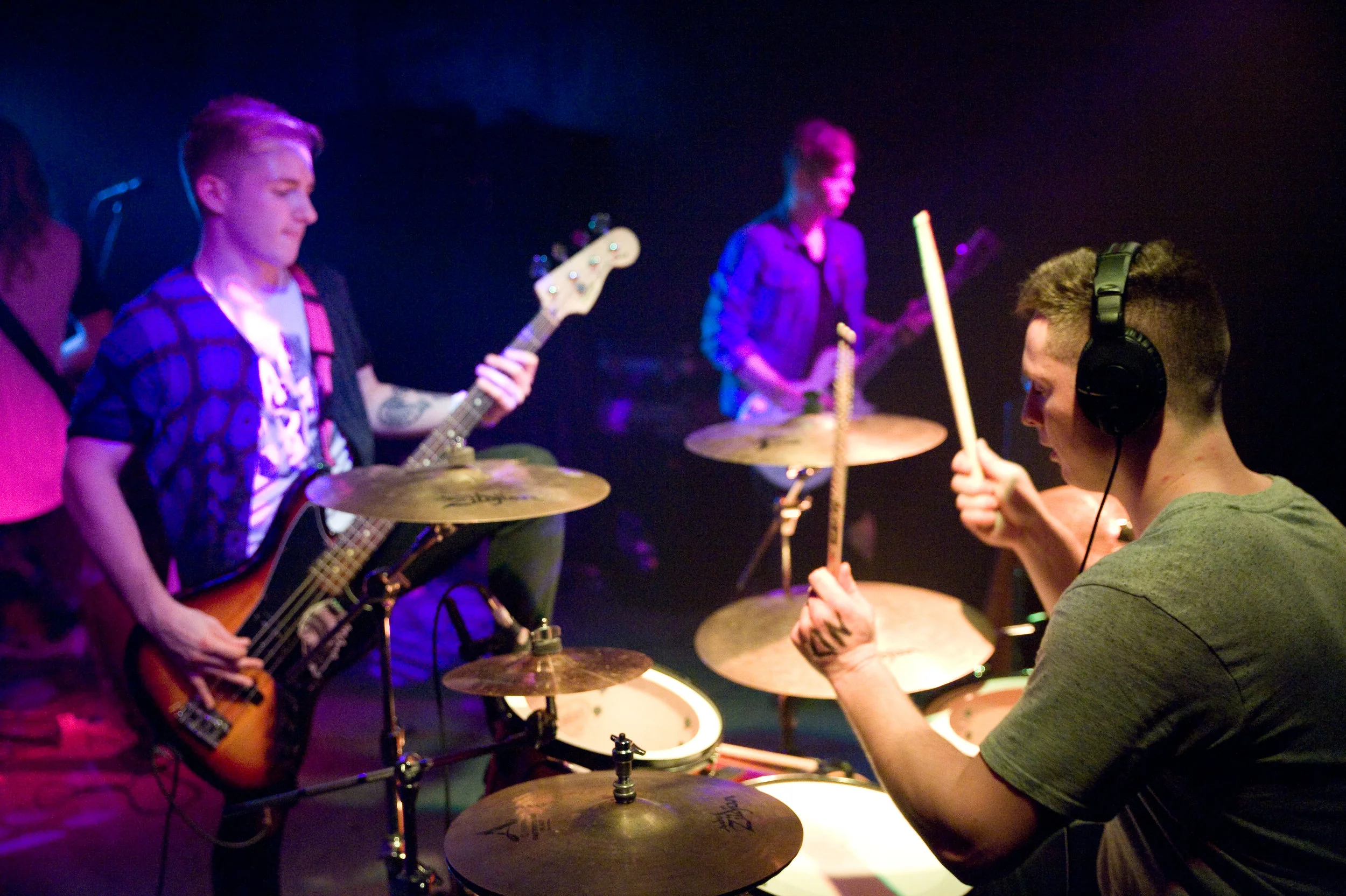 Nathan and Sam (Far Left and Far Right), who were in their school jazz band together before helping to form Riviera, use their jazz influences to create unique beats for their band, now. Photo by Michelle Waters.