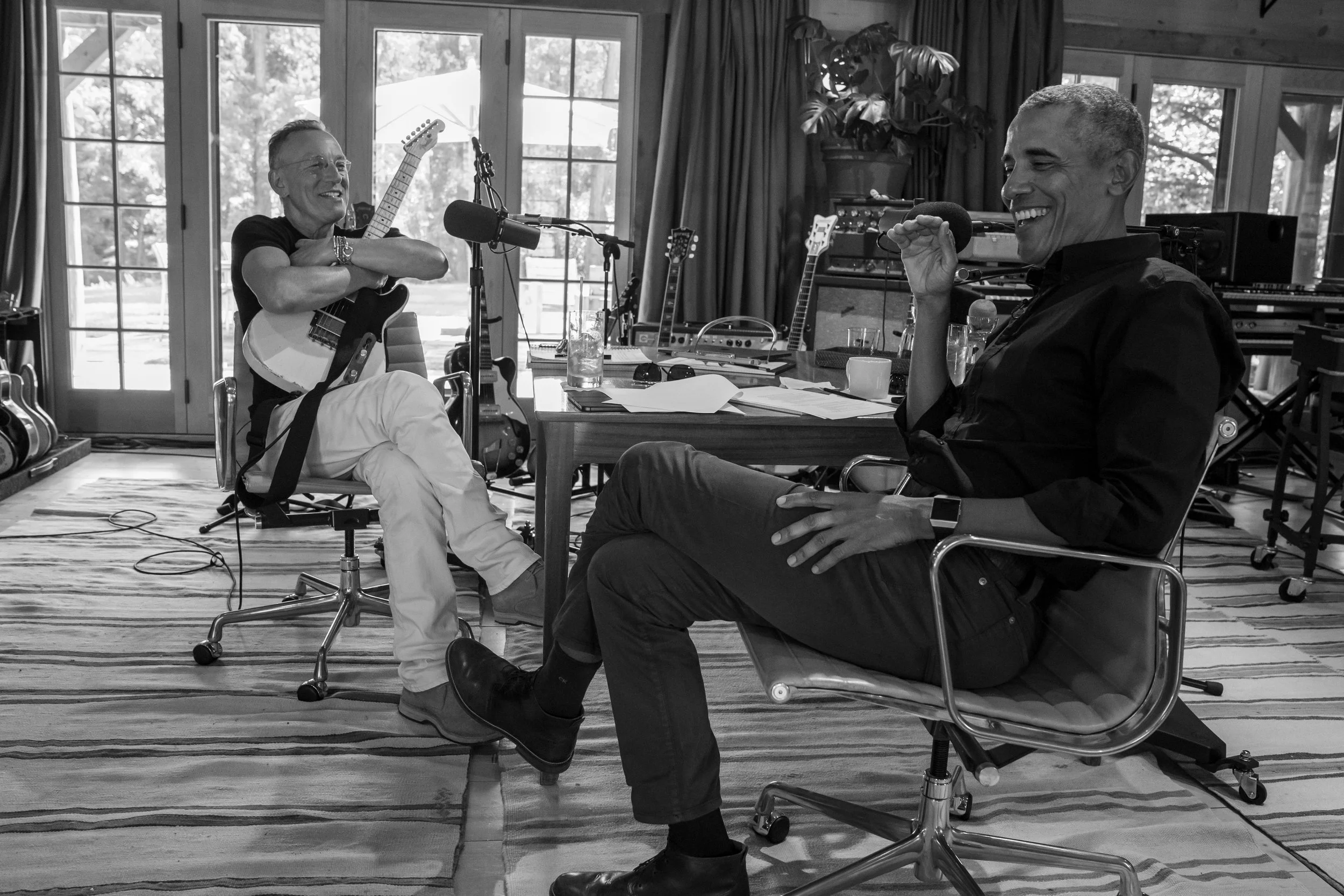 President Obama and Bruce Springsteen recording Renegades Podcast in Springsteen's Colts Neck Studio.  Prints avail: 20x24 Ed of 50, 30x40 Ed of 25, 40x50 Ed of 12