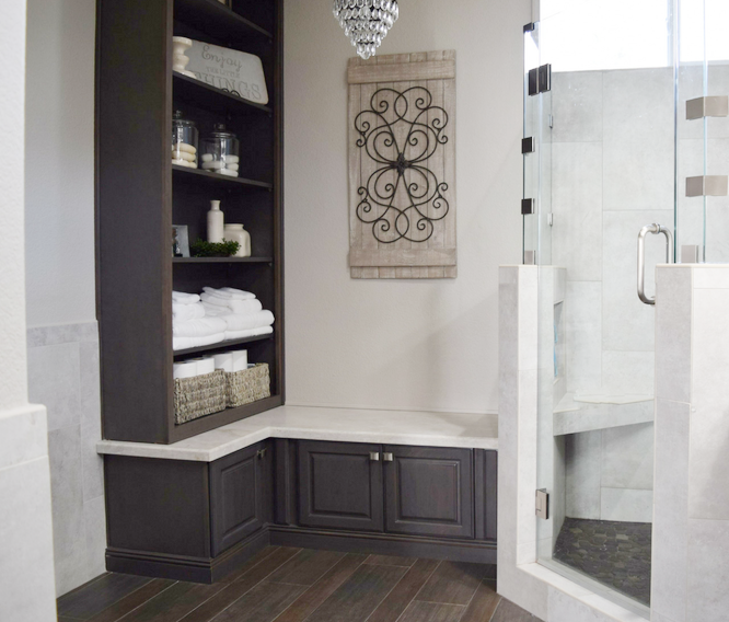 Gray-Stained-Built-in Bathroom-Shelving