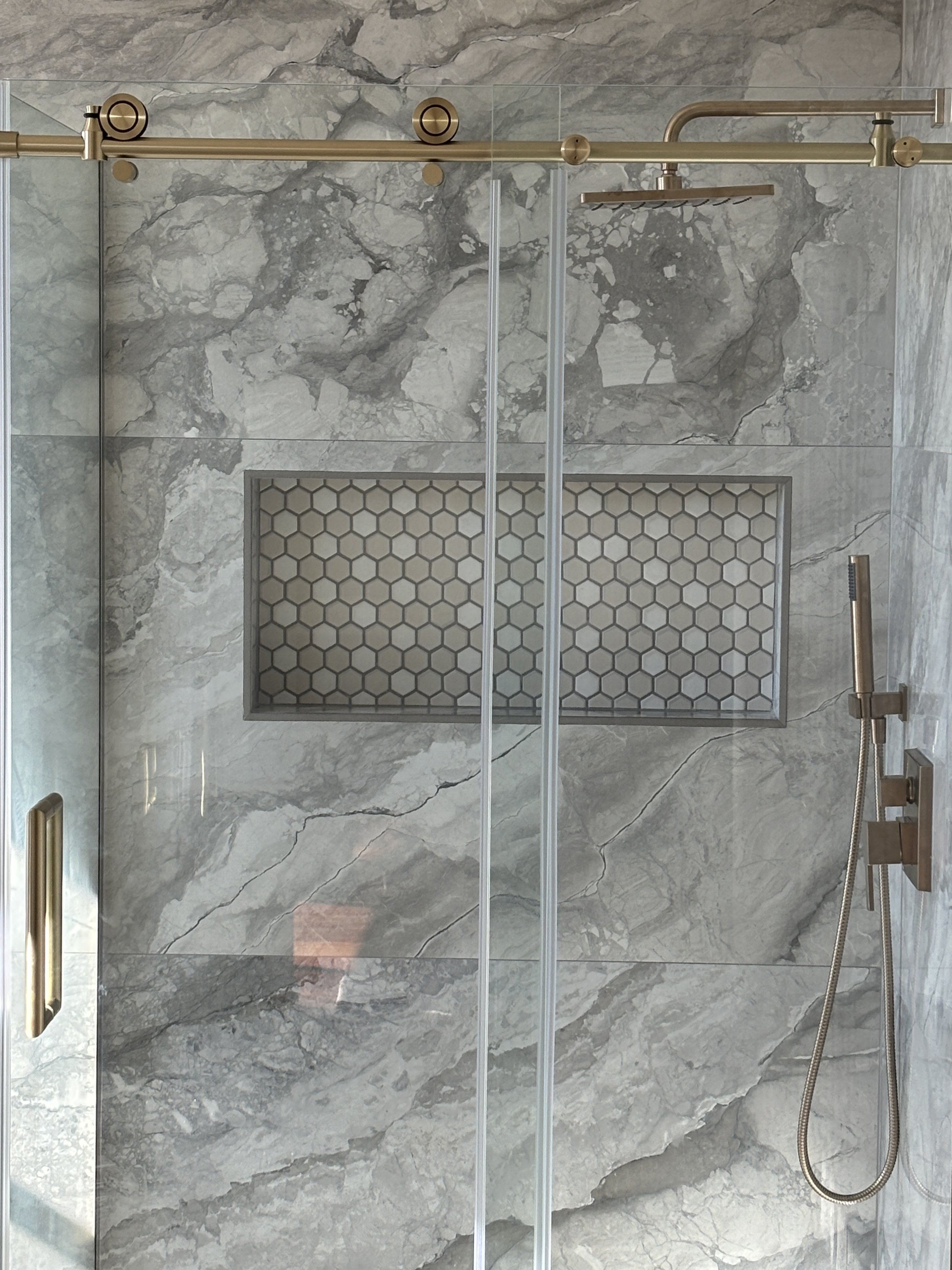 Gray Marble Shower Gold Finishes