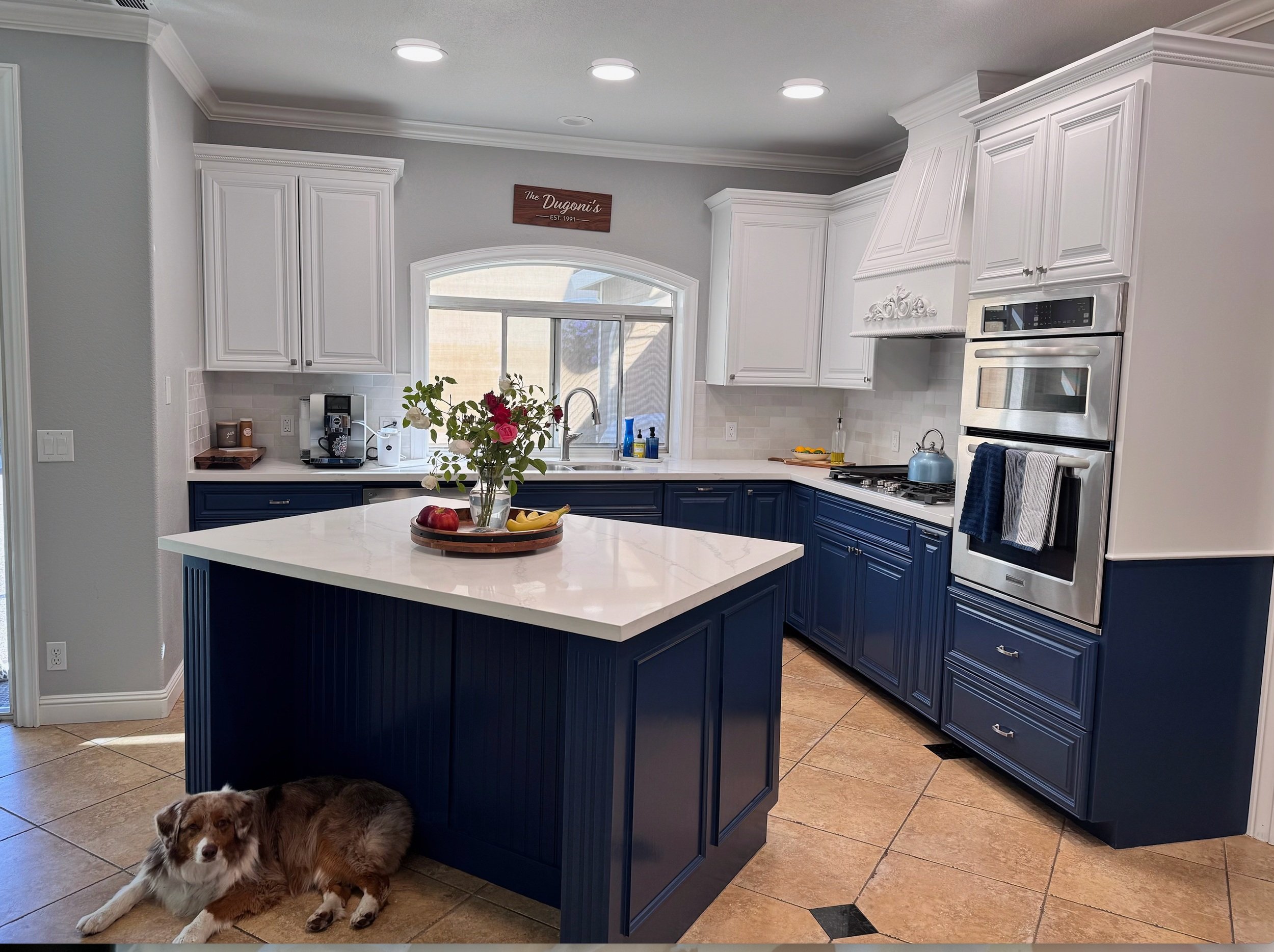 Navy Cabinets Quartz Counter Kitchen Remodel