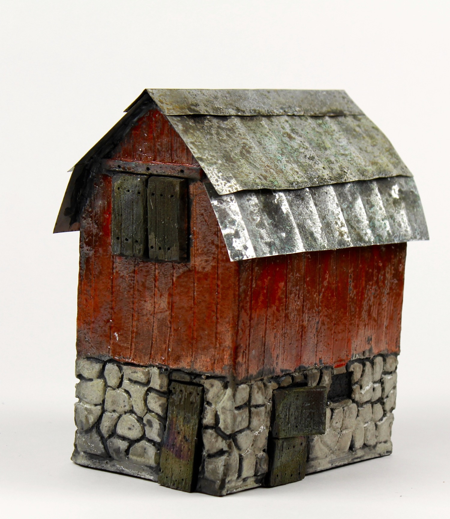  Body (The barn from Body, Mind and Soul.)  Raku and metal, hand-built, 7"x4.5"x7" 