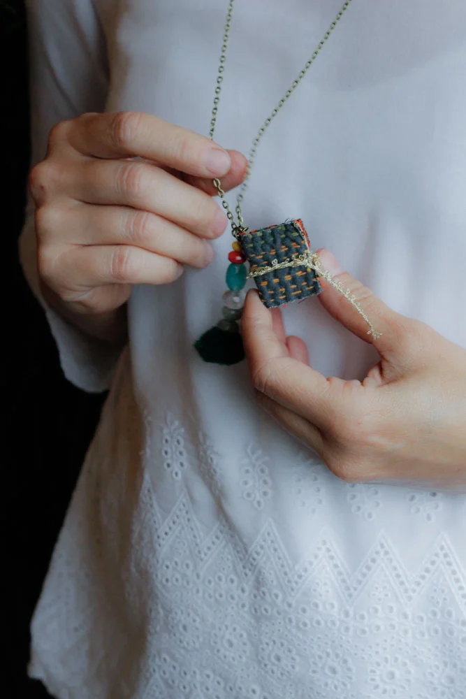 Kantha Vintage fabric miniature book necklace