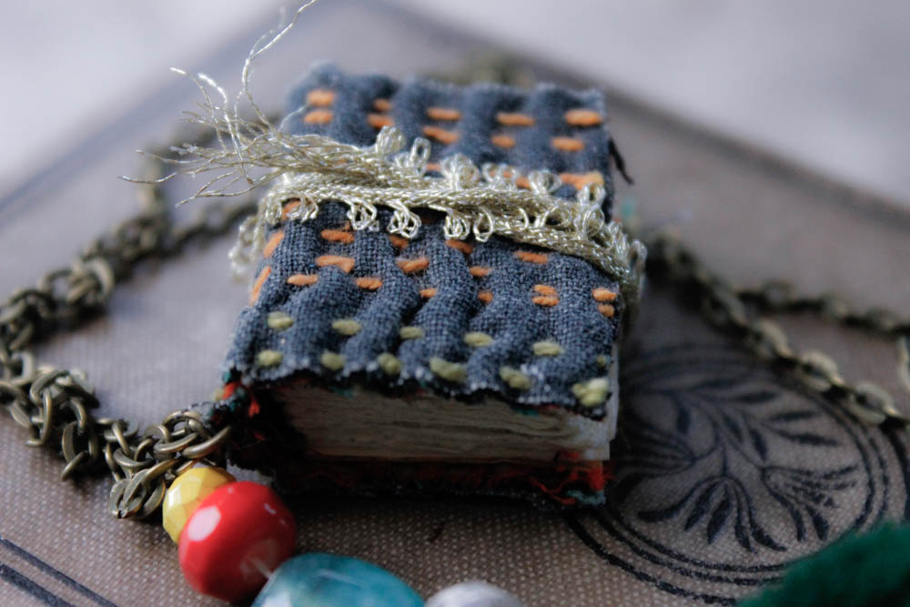 kantha miniature book necklace
