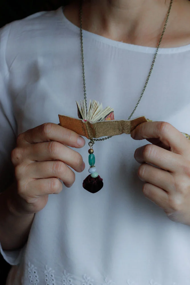 gold leather book necklace