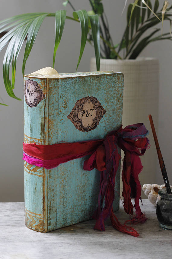 Boho mint blue wedding guest book,