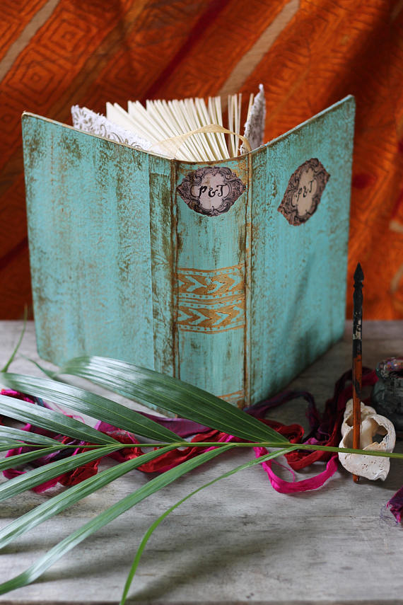 Boho mint blue wedding guest book,