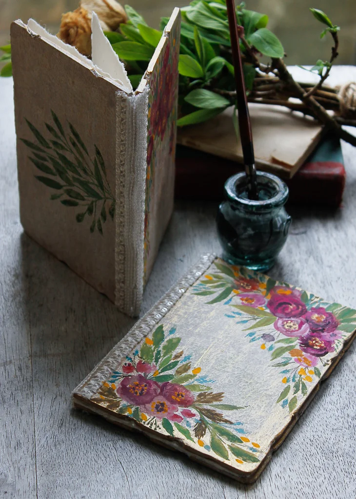 Hand painted peony wedding vow booklets