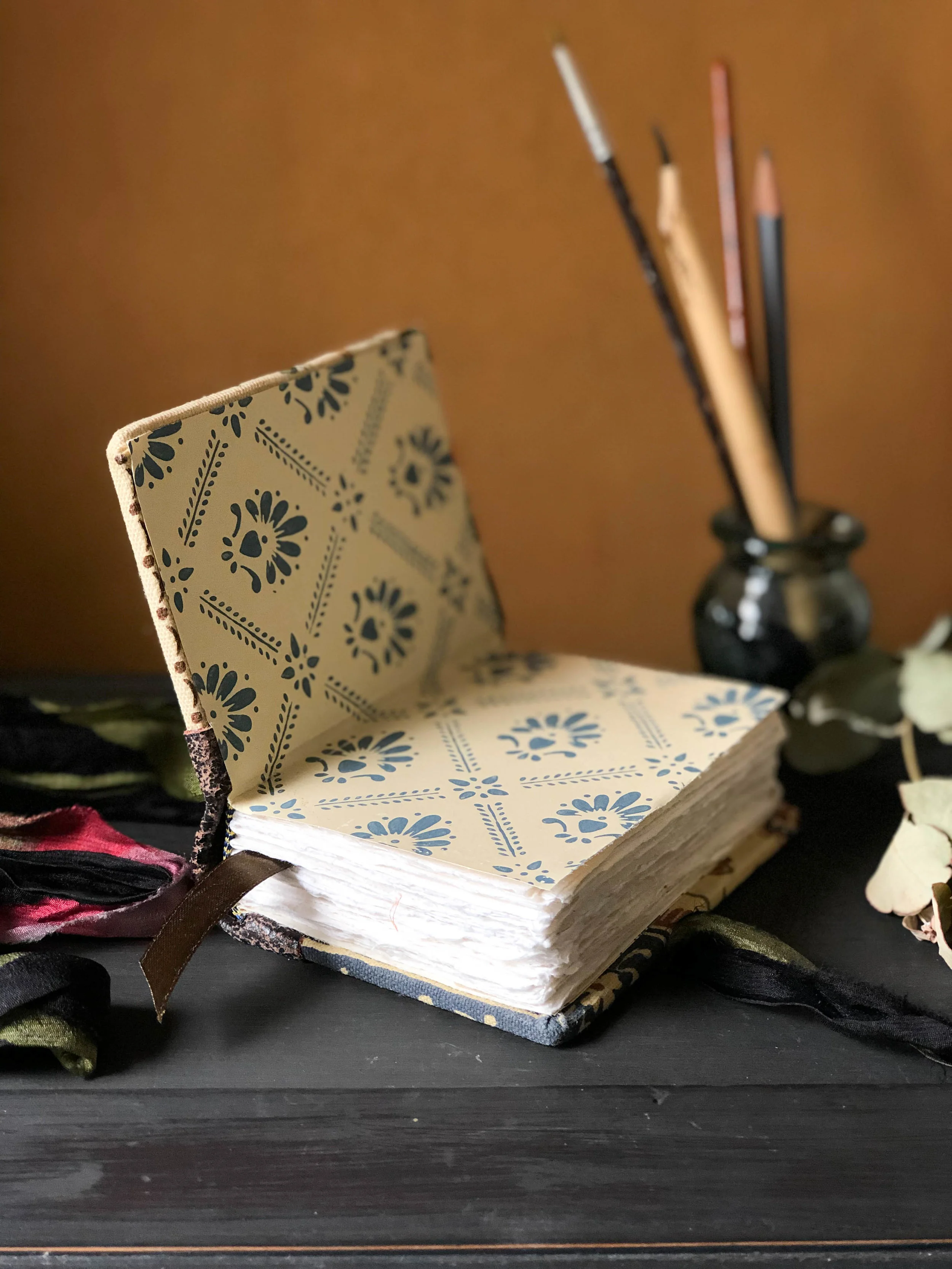 Quarter leather bound art journal with khadi cotton rag watercolour paper