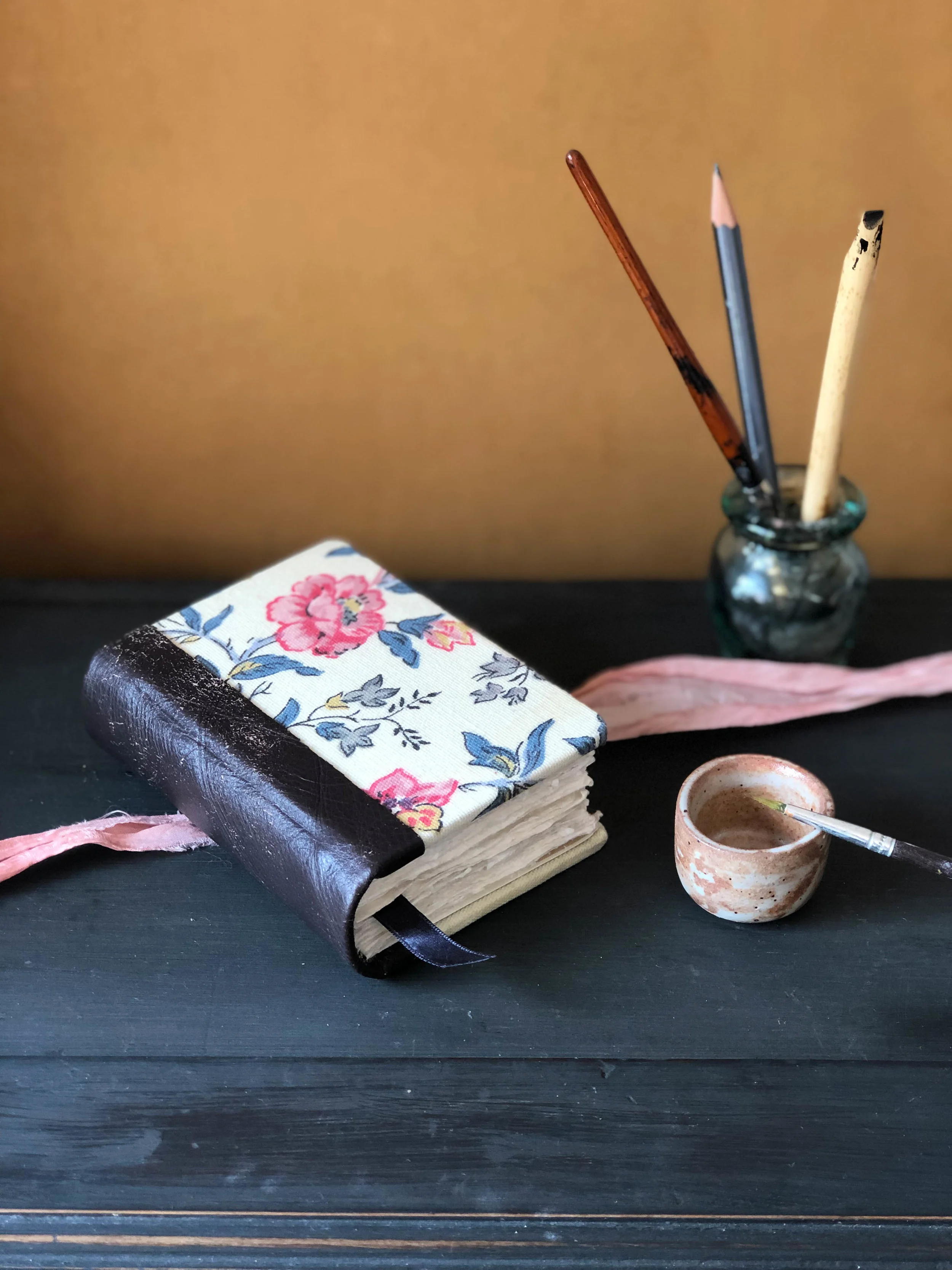 Quarter leather bound art journal with khadi cotton rag watercolour paper