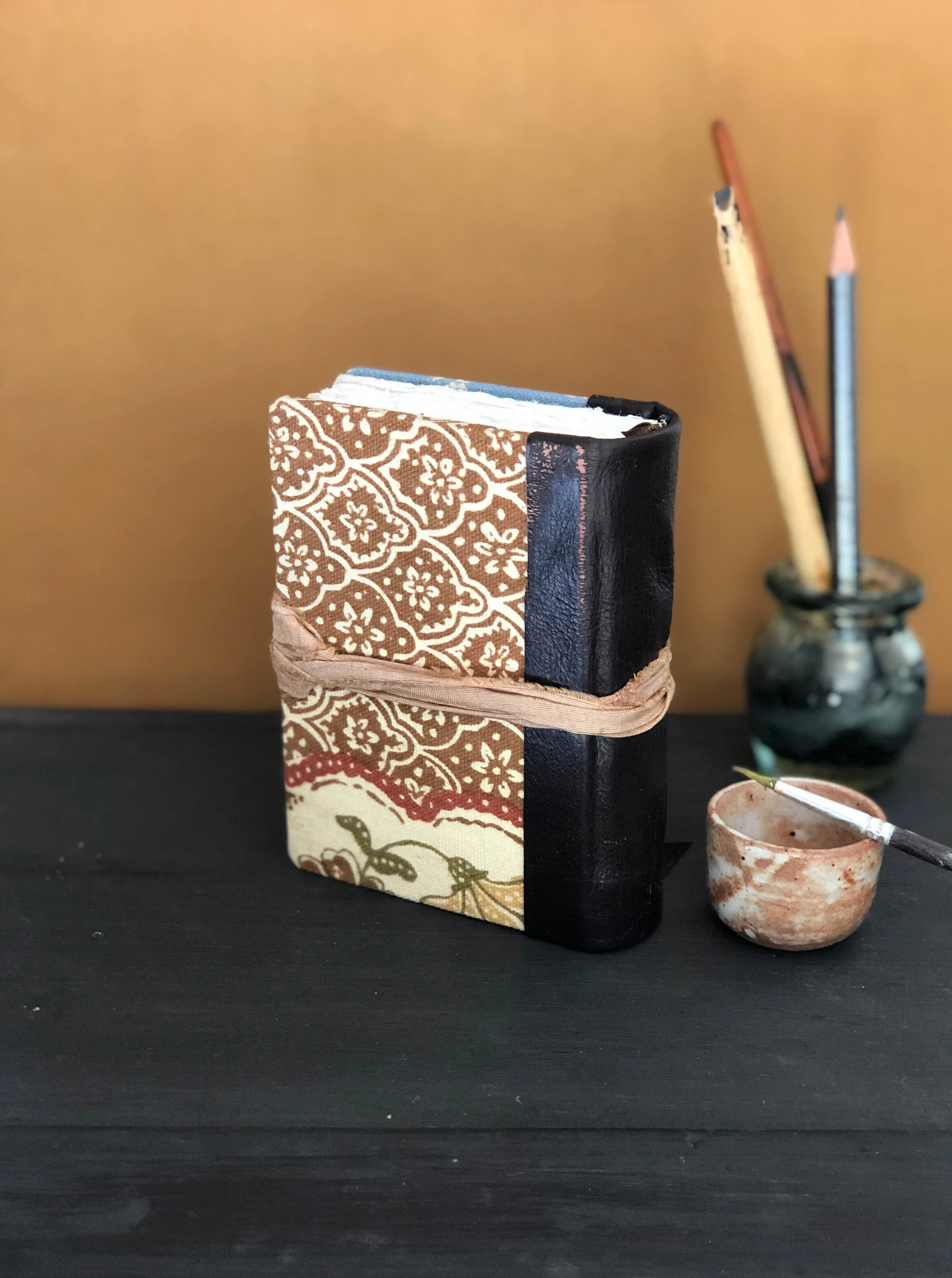 Quarter leather bound art journal with khadi cotton rag watercolour paper