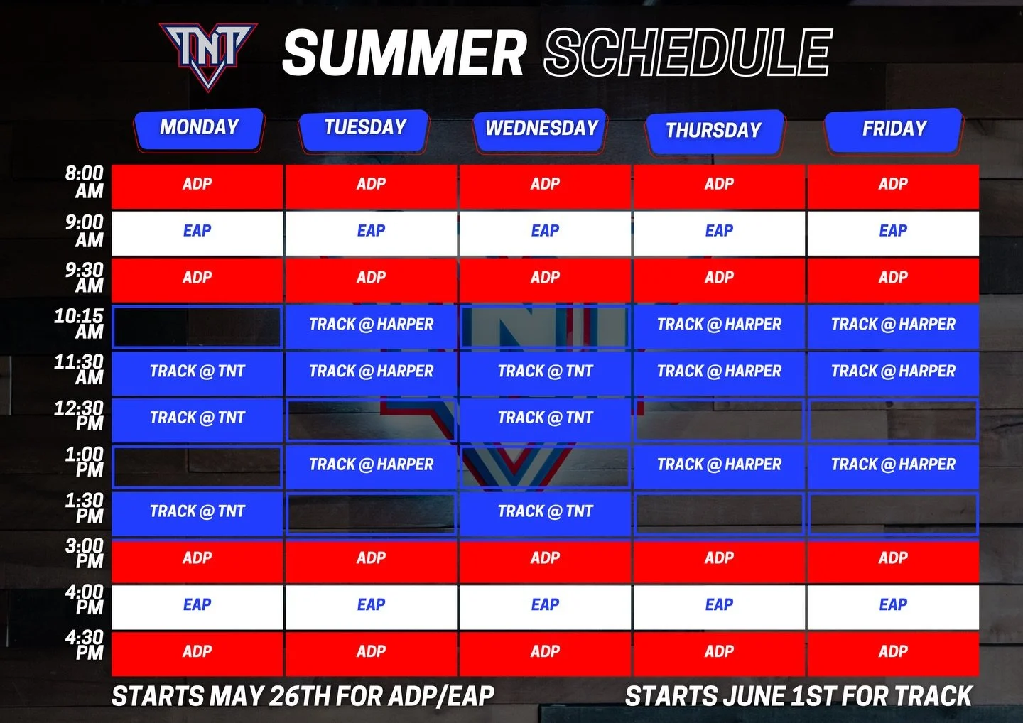 Summer is coming ☀️

Updated summer hours are here:

ADP athletes: beginning May 26
Track athletes: beginning June 1 🧨