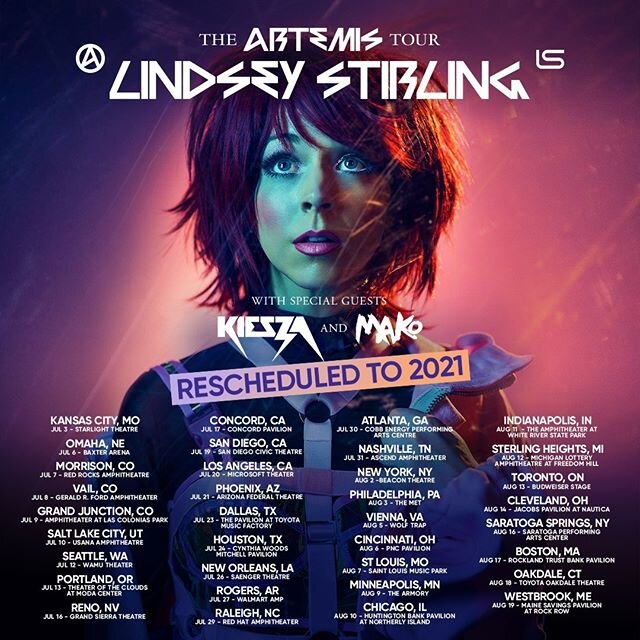 Tour announcement❗Due to Covid-19, the 2020 @lindseystirling Artemis tour has been postponed BUT we've got new dates for Summer 2021! All tickets will be honored for the new dates. If you are a ticket holder and cannot make the new show, please conta