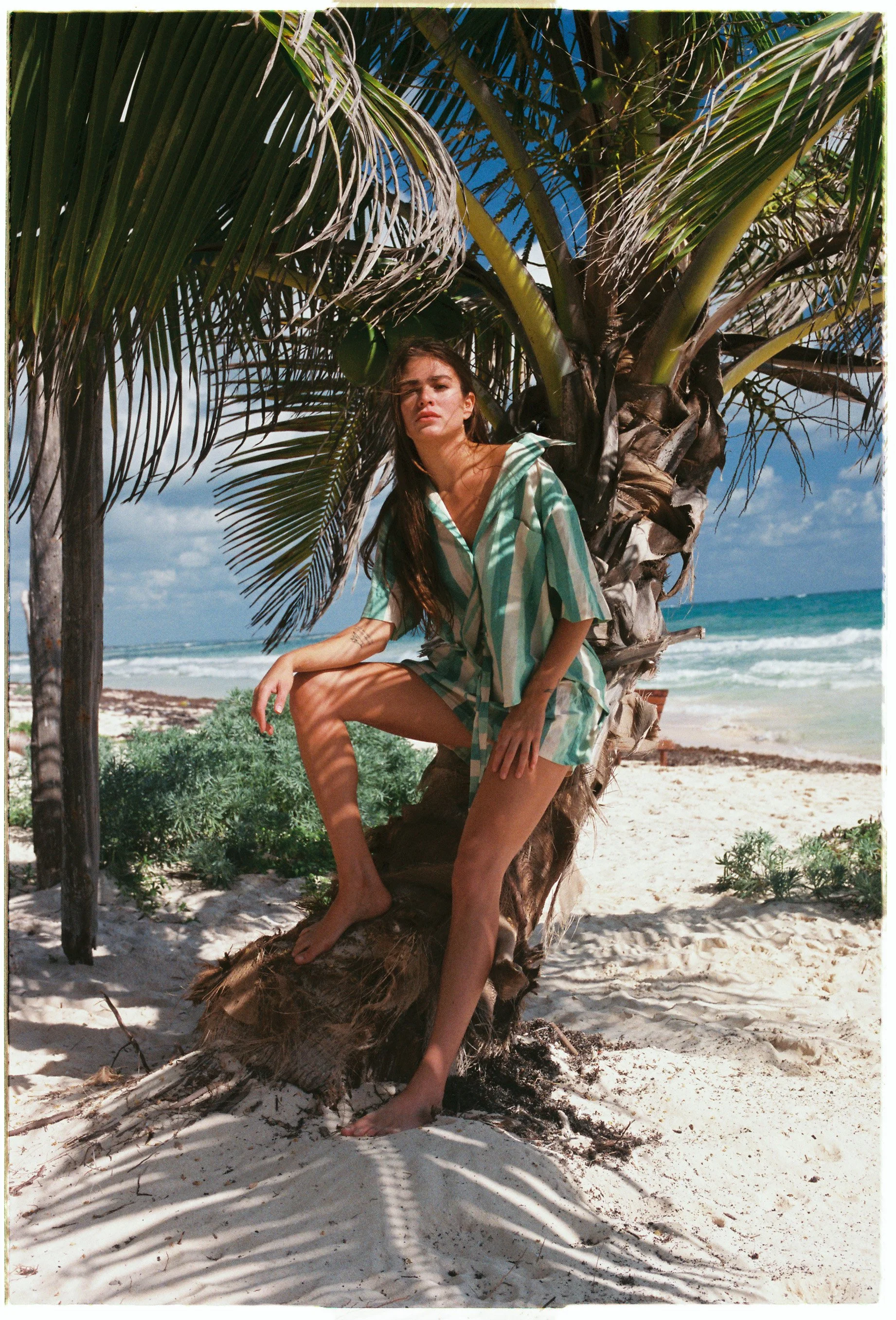  Film photoshoot for Faithfull The Brand captured on untouched beach in Sian Ka’an biosphere reserve in Tulum, Mexico with authentic Mexican cabana. Photographed by Susan Berry on Kodak e100 and Portra 160 35mm film with a Nikon F6 camera 