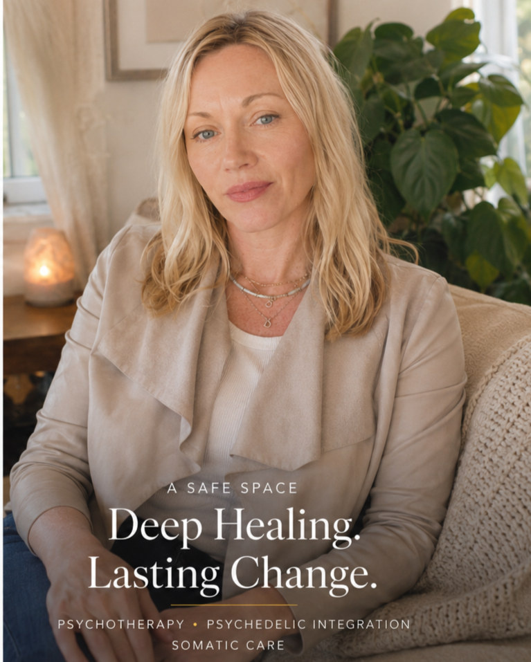 A woman with blonde hair sitting on a beige couch in a cozy room, with large green houseplants in the background, and text promoting psychotherapy, psychedelic integration, and somatic care.