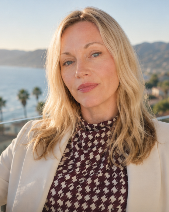 A woman with blonde hair and blue eyes standing outdoors with a coastal view, mountains, and palm trees in the background.
