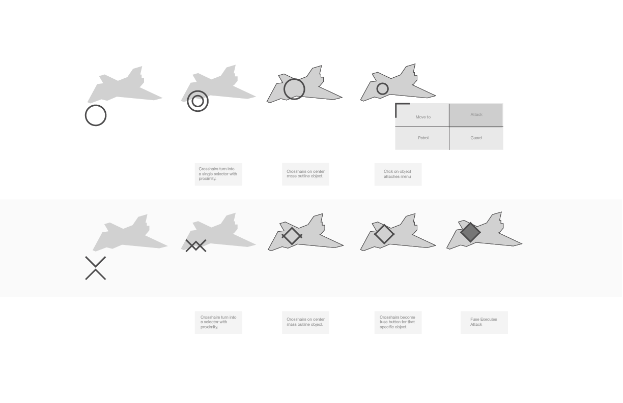 Here was my first look into how game interactions may play out. As we looked at these interactions we realized as much as we wanted to have a futuristic UI it needed to be very simple and clear.