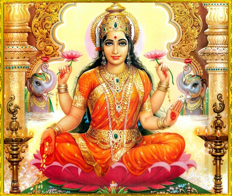 Lakshmi is the Hindu goddess of wealth, fortune, and prosperity (both material and spiritual). She is the wife and active energy of God Vishnu, who is Supreme God in Vaishnavism. Her four hands represent the four goals of human life considered impor…