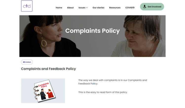 Screenshot of the Council for Intellectual Disability Complaints policy page.