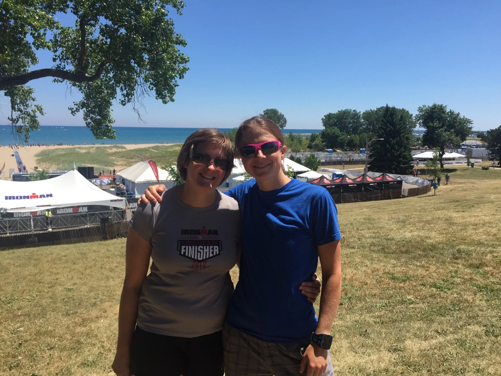 Checking out the swim start with Nicole the day before Ironman 70.3 Racine.