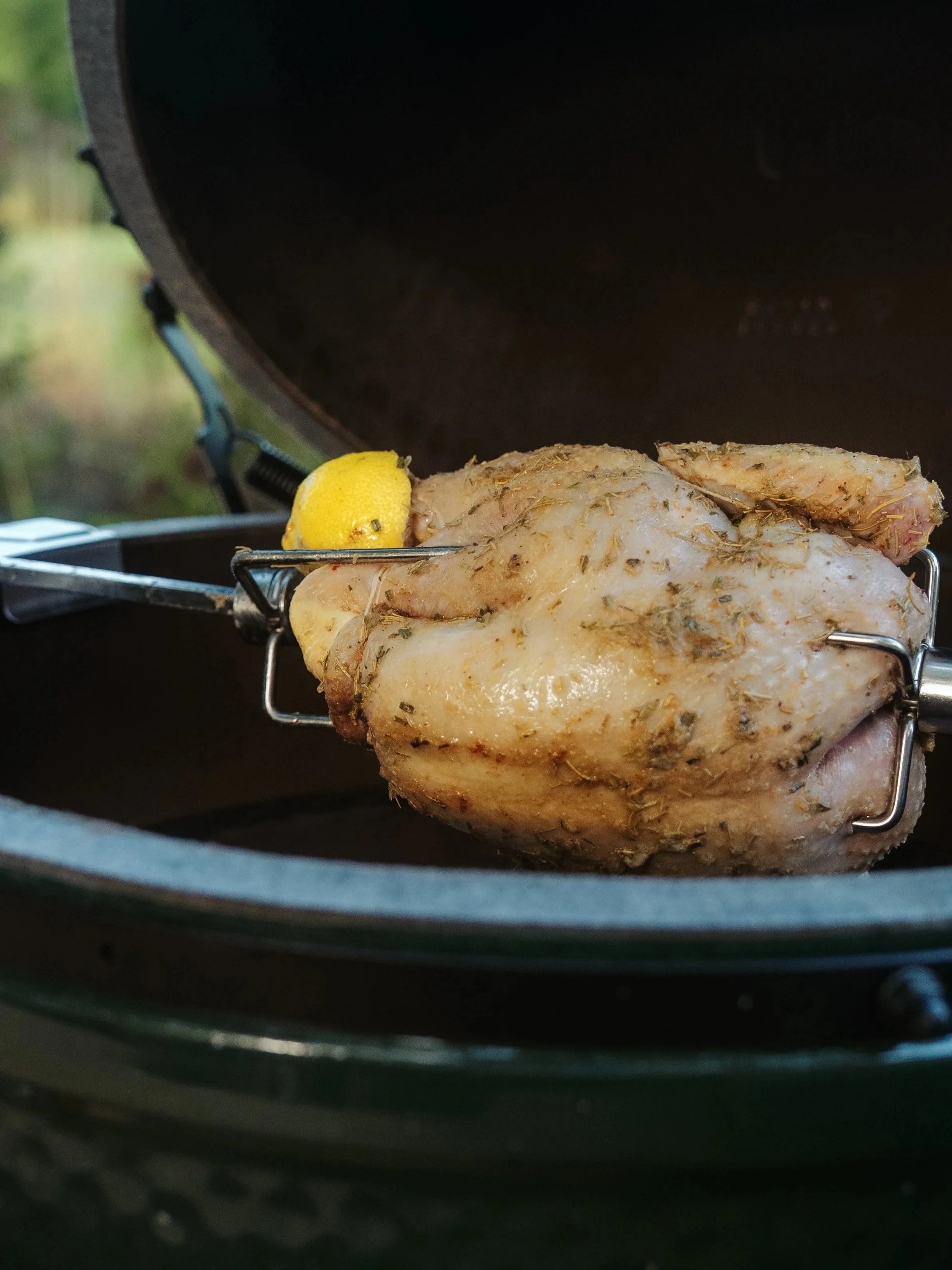Big Green Egg Rotisserie Chicken with Chicken-Fat Roast Potatoes &amp; Tzatziki