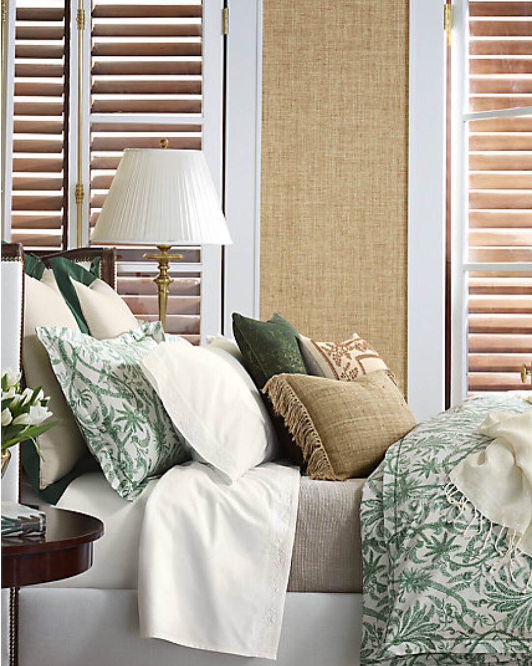 Inspiration for my guest bedroom, love the natural tones with green, serene and beautiful.