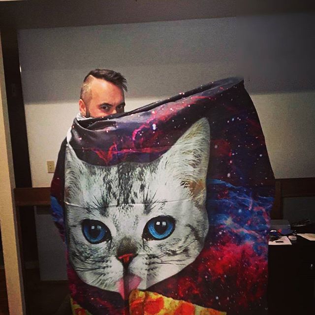 Our shower curtain is better than your shower curtain #pizzacat #spacecat #spacepizzacat