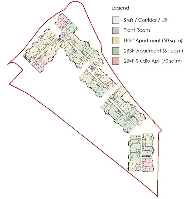 Indicative apartment massing on the upper floors