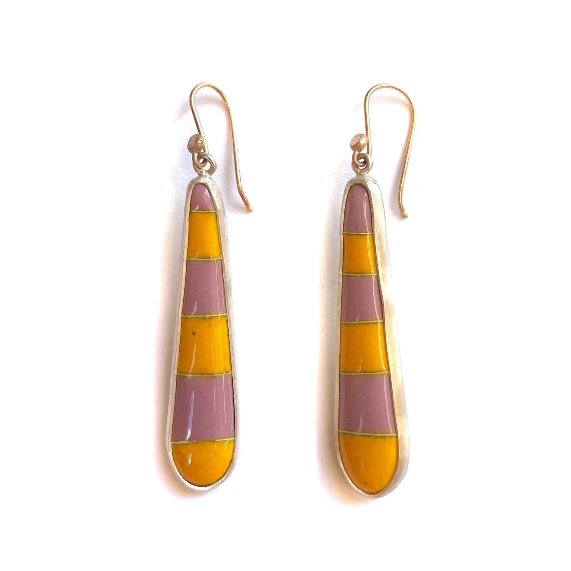 Skinny Striped Teardrop Earrings - Pink + Yellow
