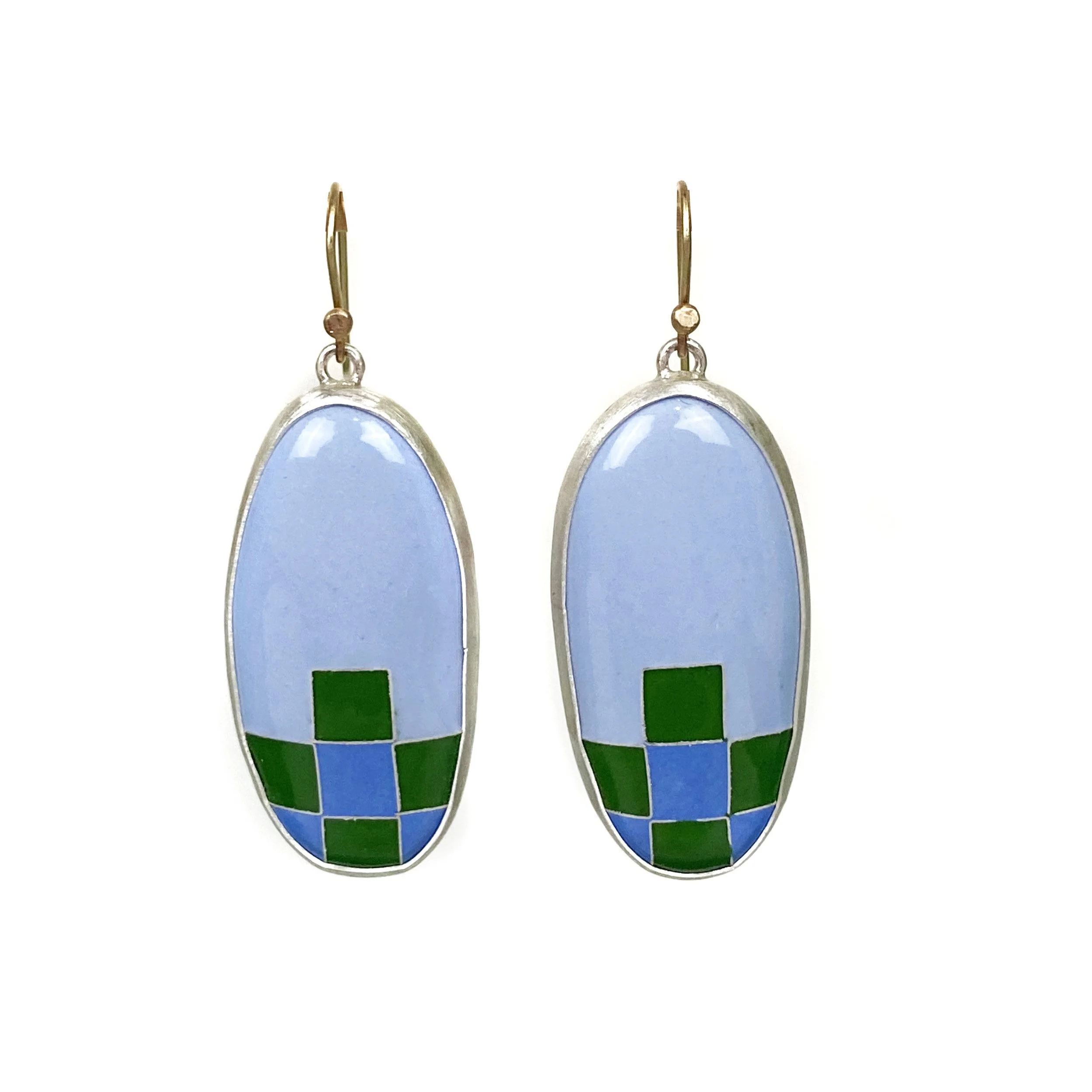Checked Oval Earrings - Blue + Green