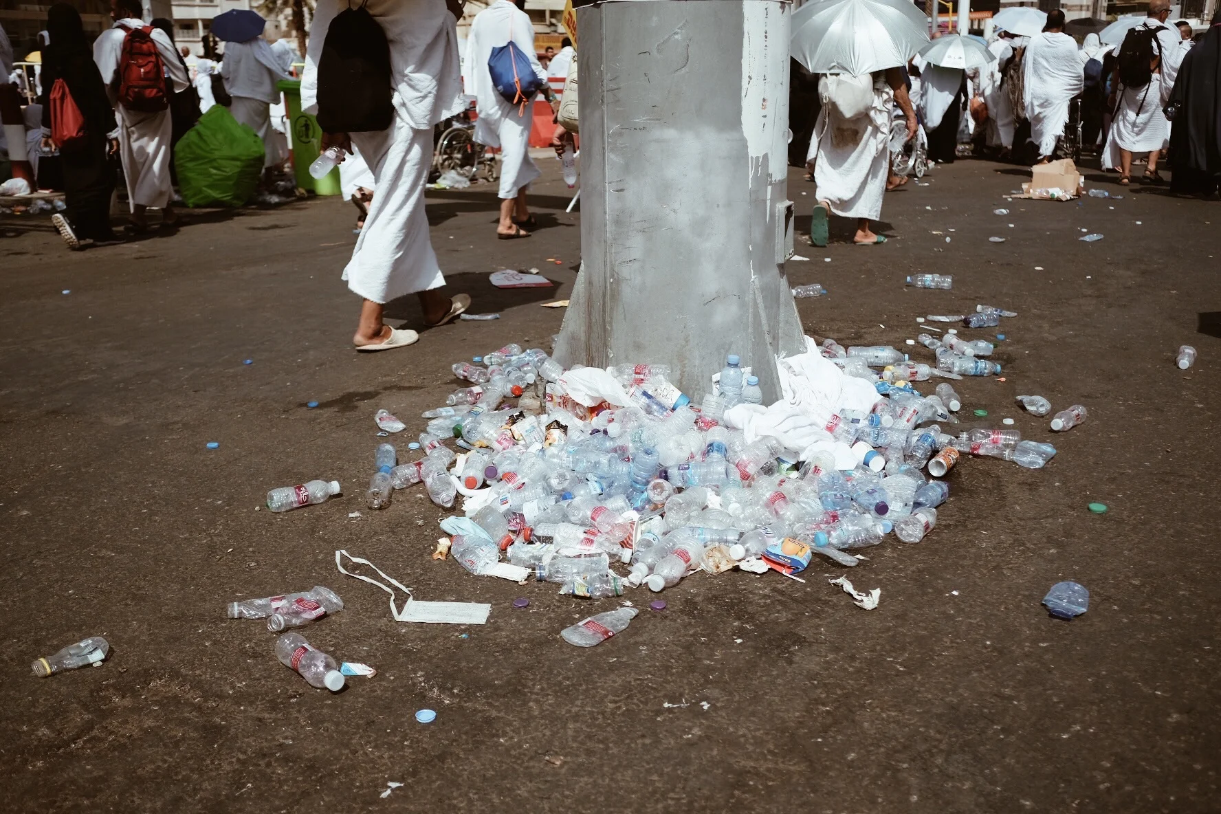 Unfortunately a lot of trash is left behind despite there being ample trashcans provided. I am not sure what Saudi recycling policy is but think about how many plastic bottles are used by millions of thirsty people in the span of a week.