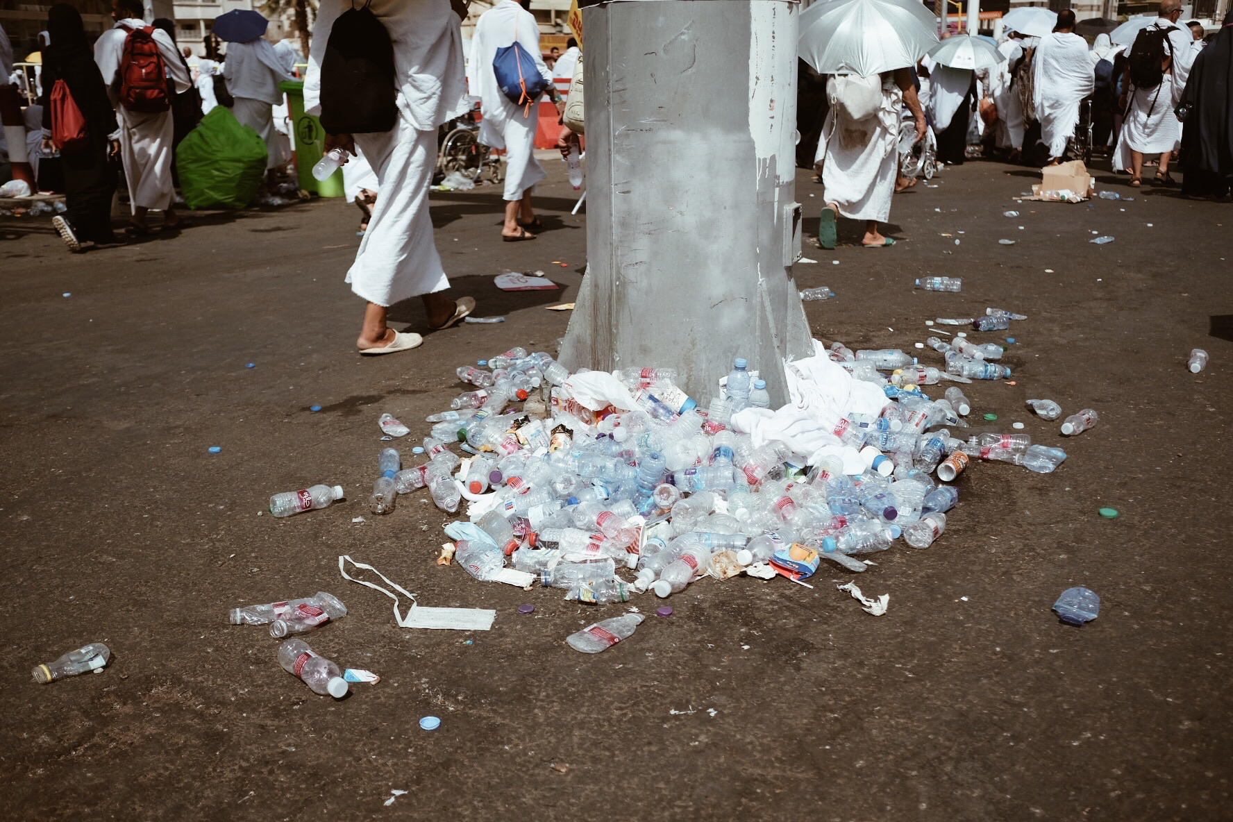 Unfortunately a lot of trash is left behind despite there being ample trashcans provided. I am not sure what Saudi recycling policy is but think about how many plastic bottles are used by millions of thirsty people in the span of a week.
