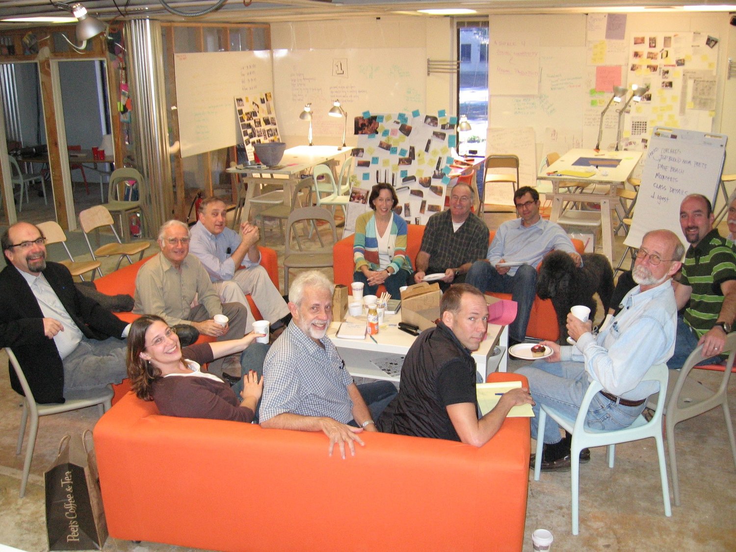 The d.school's early cohort (clockwise from left): David Kelley, Bernie Roth, Jim Patell, Tina Seelig, Bob Sutton, Alex Kazaks, George Kembel, Dave Beach, Perry Klebahn, Julian Gorodsky, Charlotte Burgess-Auburn