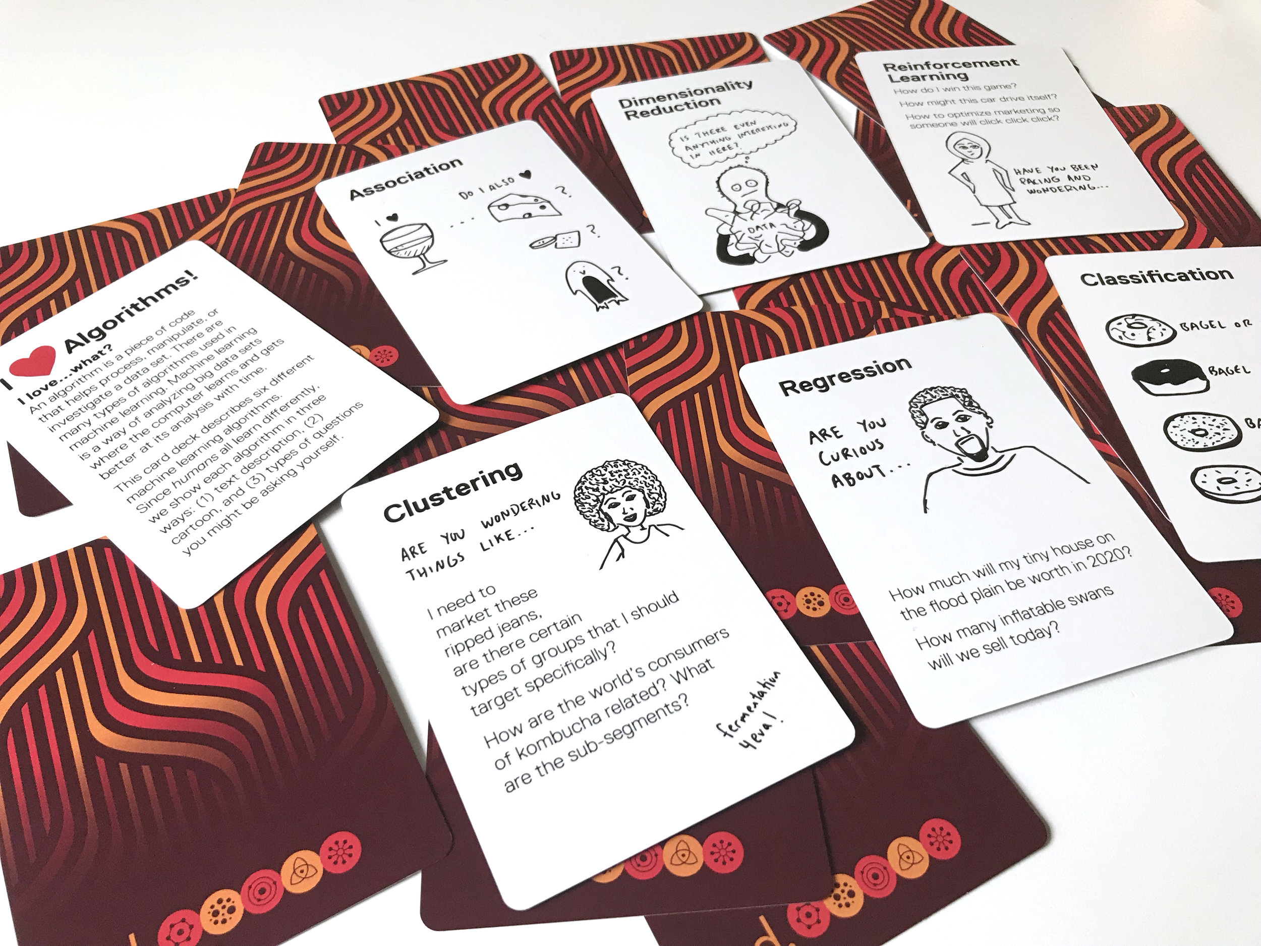 Each algorithm is explained three ways: text, cartoon, and questions you might have if you need to use it.