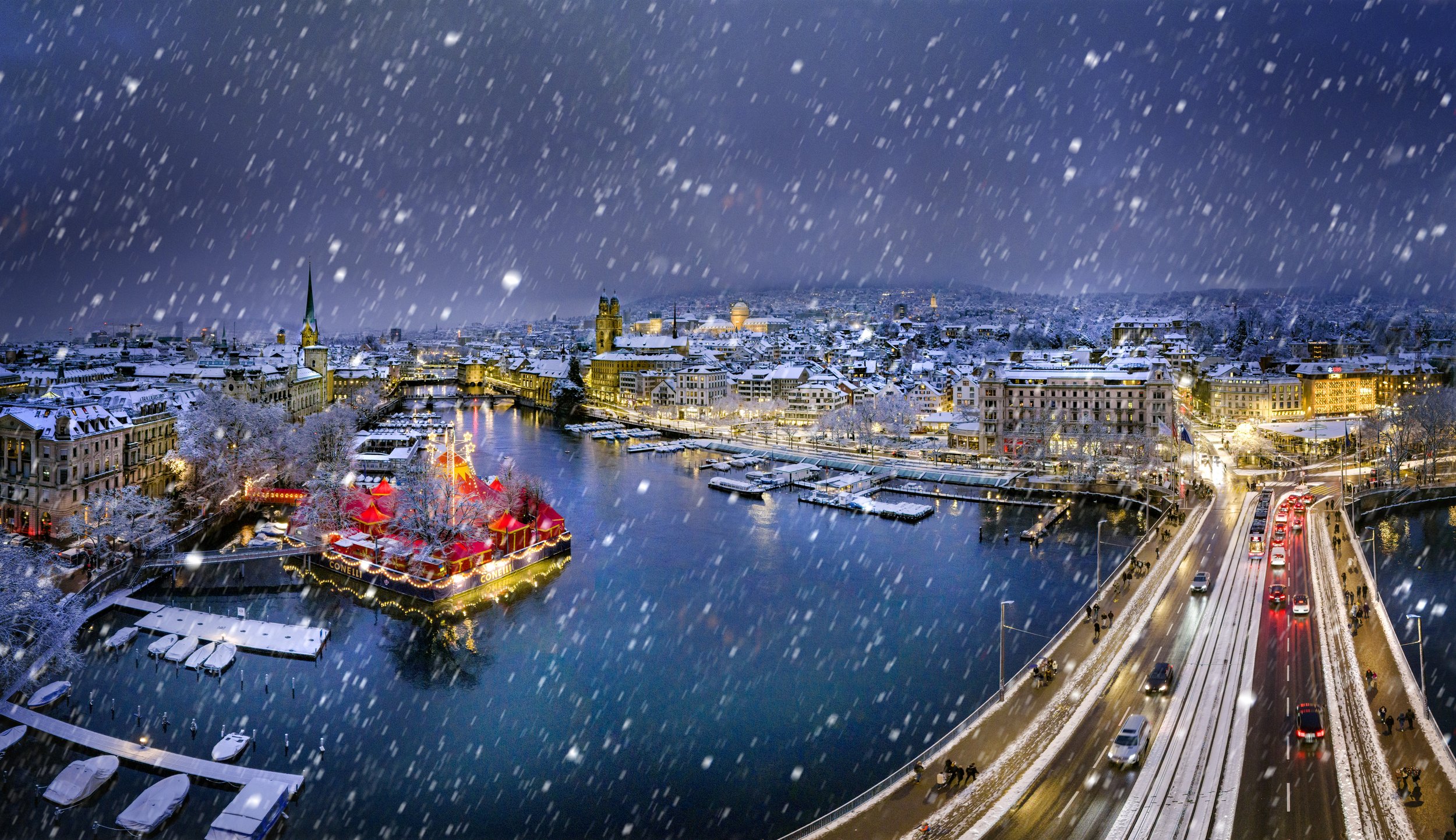 Zürich, Panorama, Dennis Savini, Drohnenfotografie, Winter, Christmas, Snowfall, Schweiz Tourismus