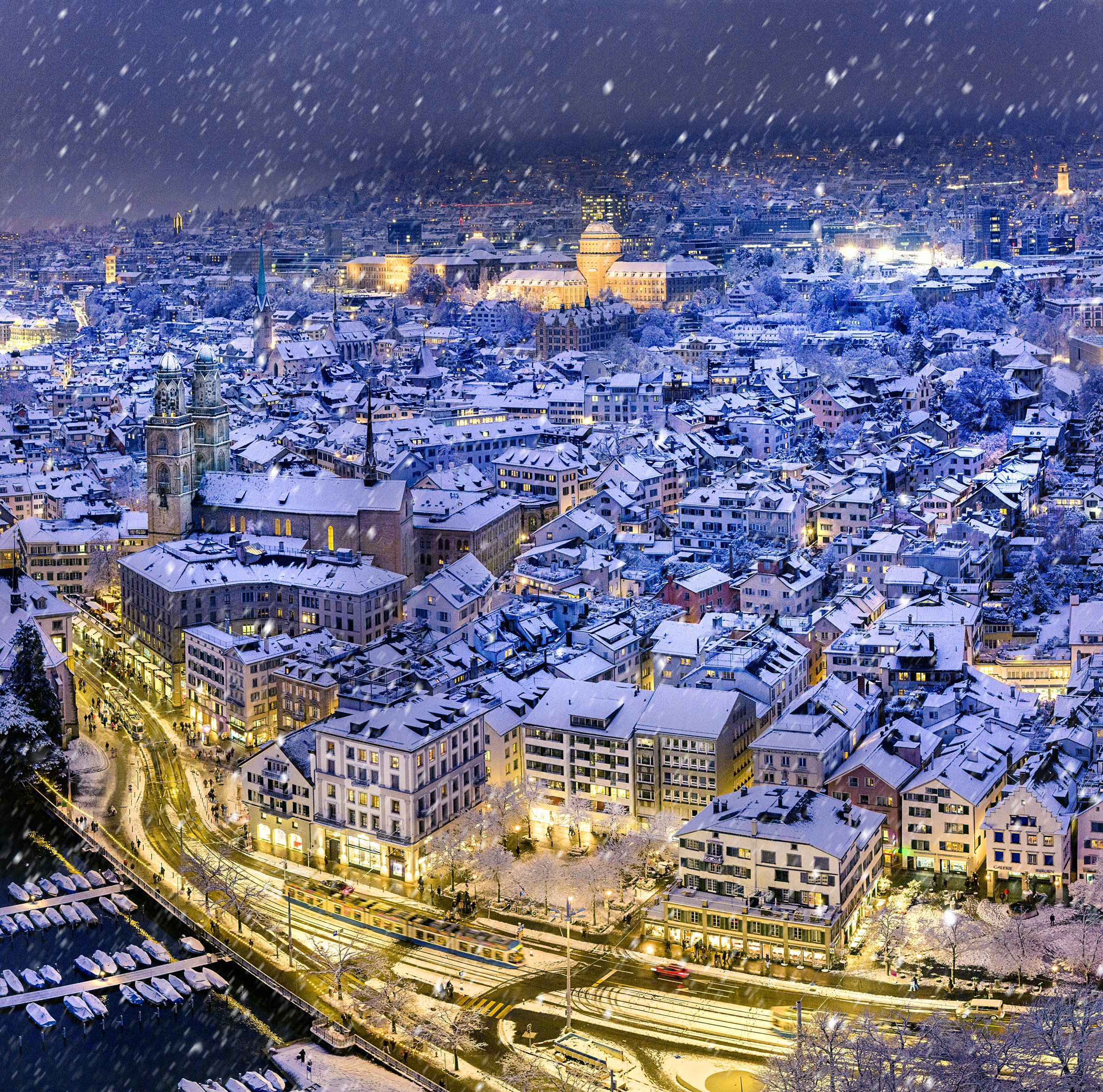 Zürich, Panorama, Dennis Savini, Drohnenfotografie, Winter, Christmas, Snowfall, Schweiz Tourismus