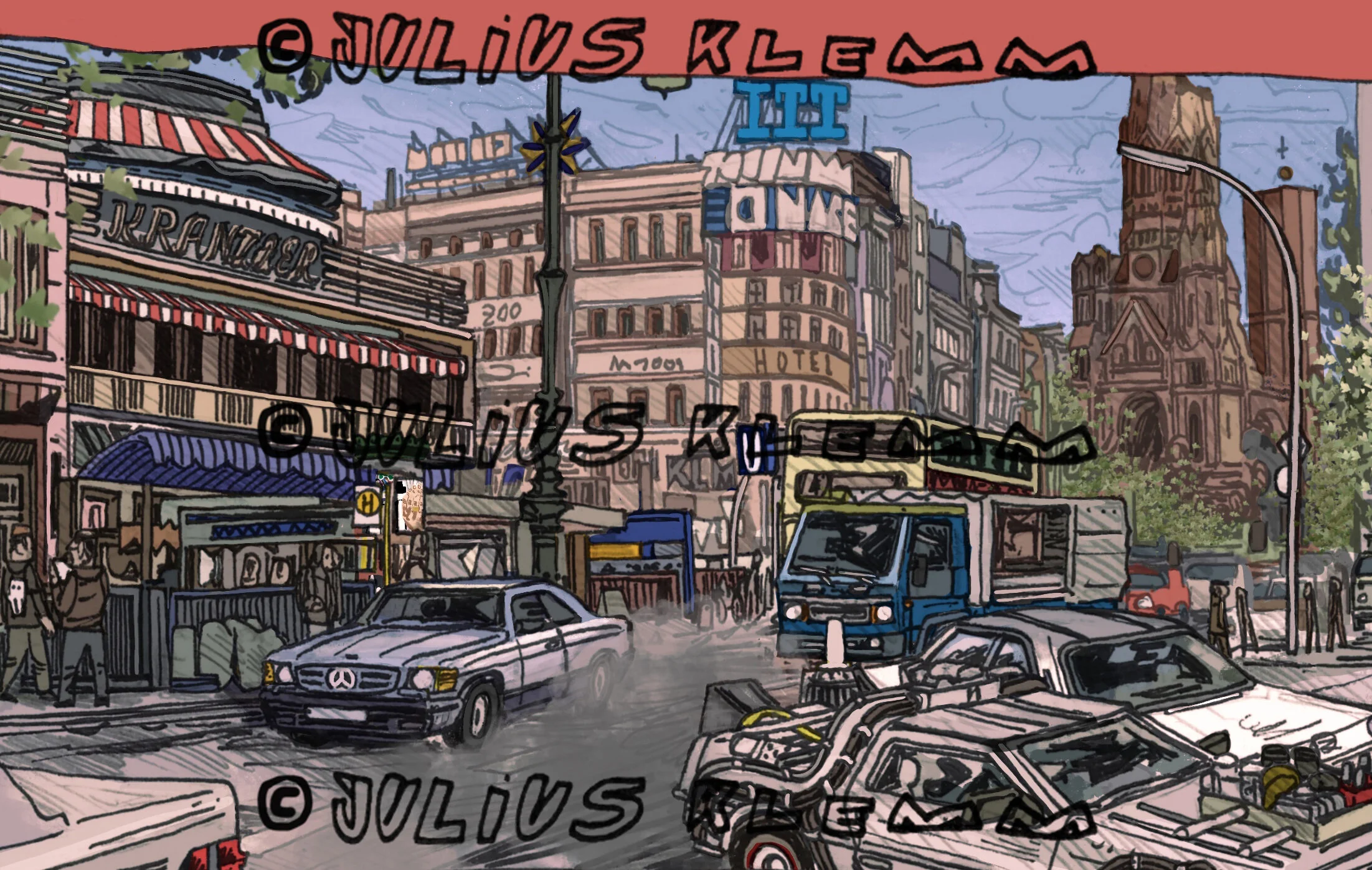 Kudamm Berlin, Kurfürstendamm, Kudamm, Berlin, Straße, DeLorean, Mercedes, Gedaechtniskirche, Kranzler, Häuser, Stadt, Urban, Urbantät, Urbanes Umfeld, City, Westberlin, Analoge Zeichnung, Analoge Illustration.jpg